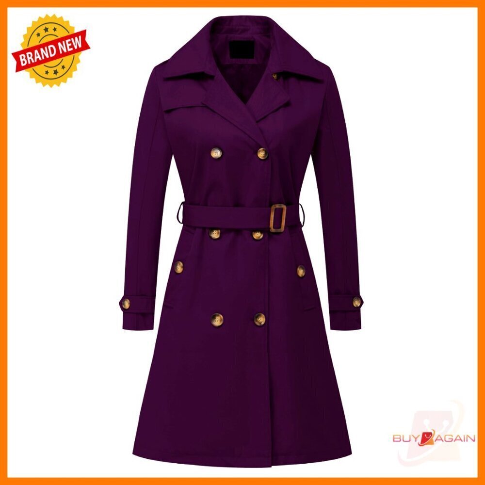Double Breasted Trench Coat Mid-Length Belted Overcoat Detachable Hood Classic
